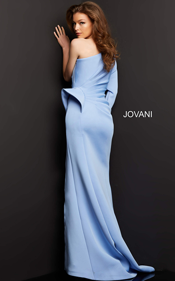 Jovani 06998 Light Blue One Shoulder Long Sleeve Evening Gown